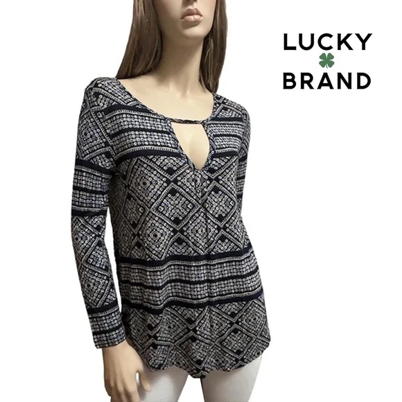 LUCKY BRAND Geometric Boho Blouse Top Shirt Plunge V-Neck Cutout Keyhole Rayon - Picture 14 of 16